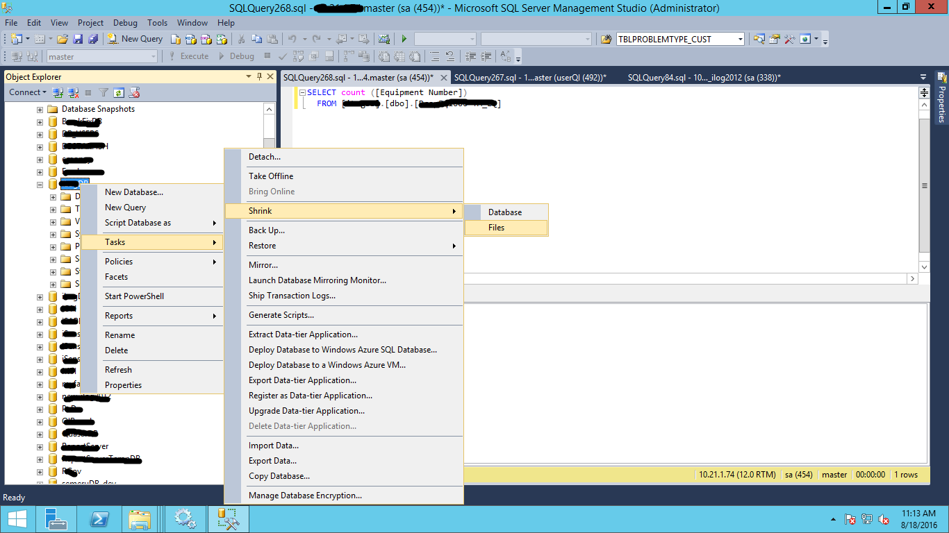 Sebelum Melakukan SHRINKFILE atau SHRINKDATABASE